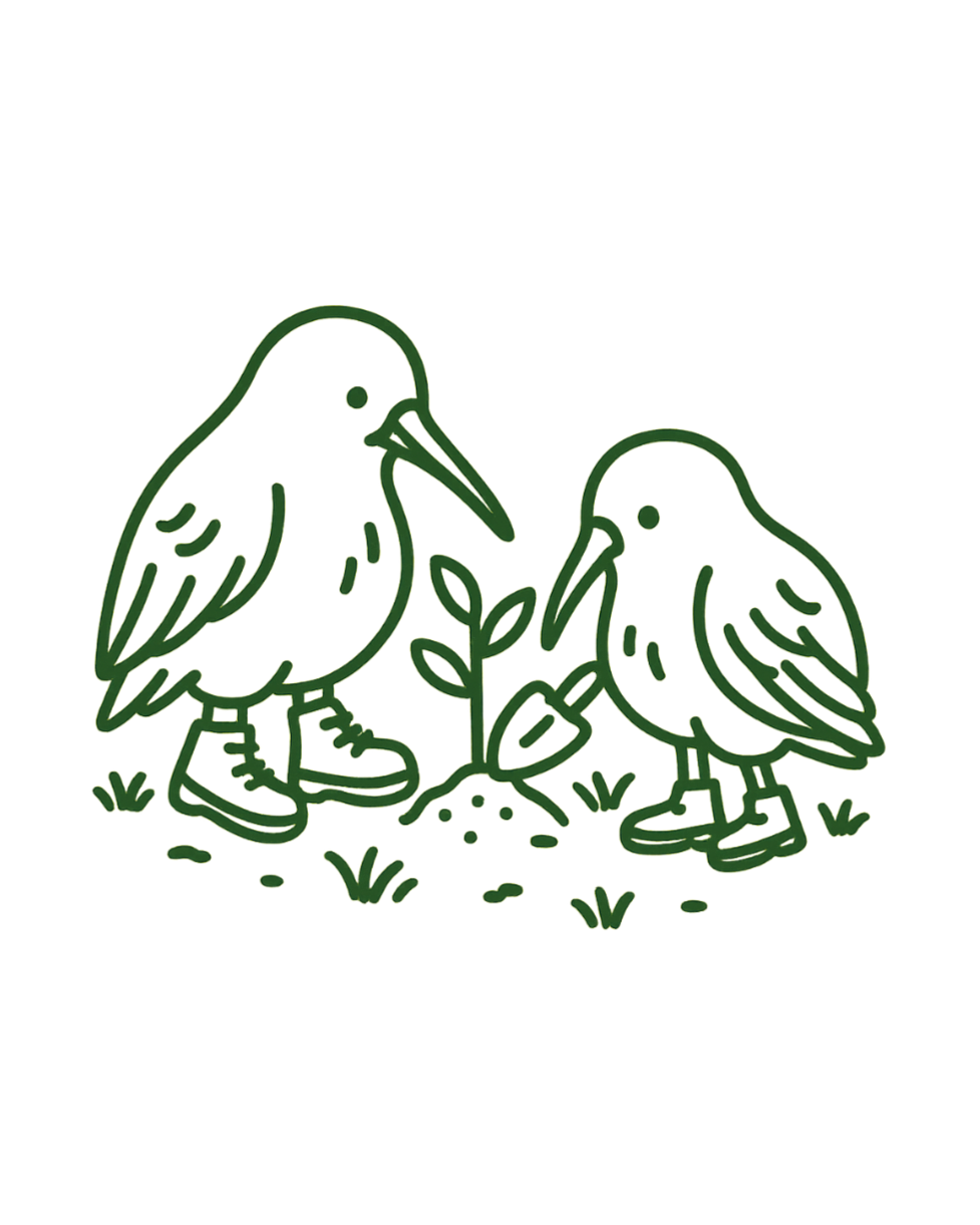 Two green line art birds standing on grass with a small plant between them.