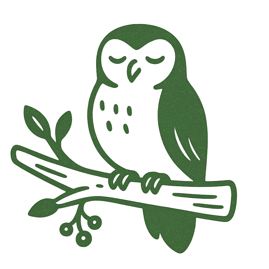 Green owl on a branch with leaves on a white background