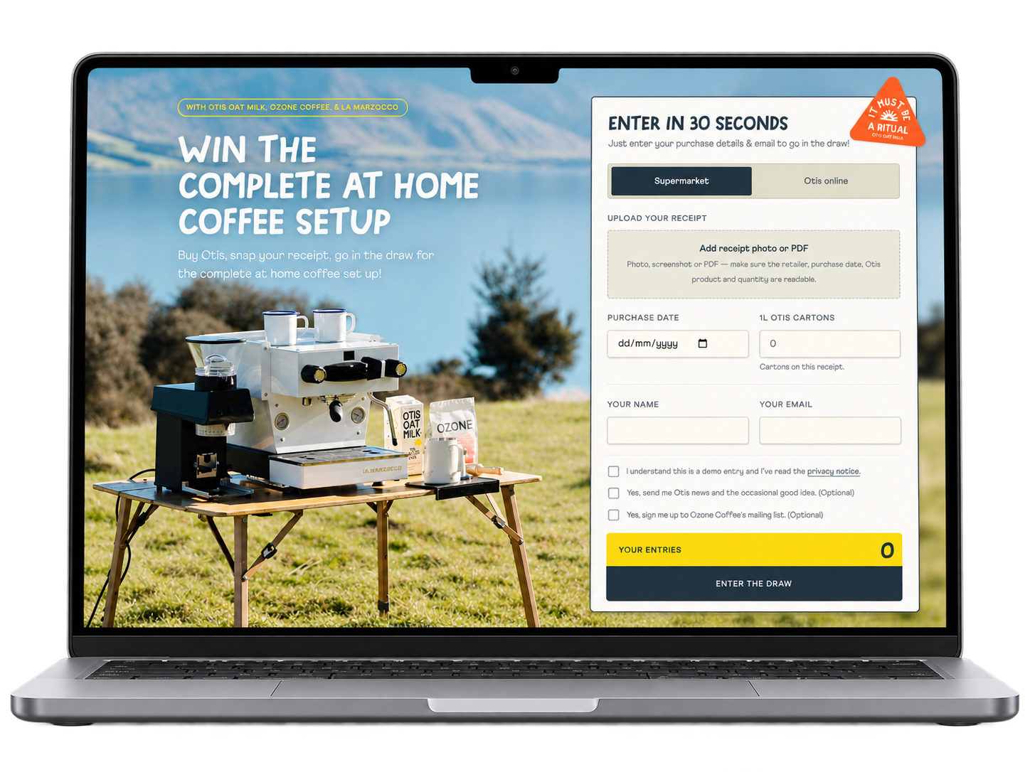 Otis Oat Milk giveaway entry experience on a laptop