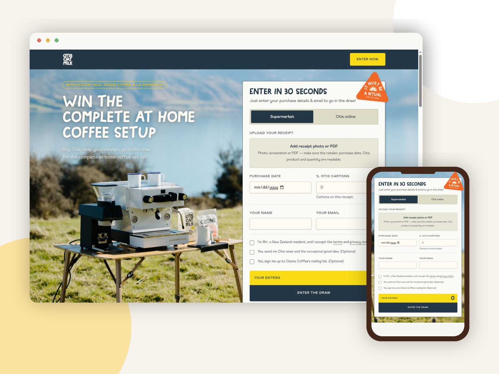 Otis Ritual Giveaway receipt entry platform shown on desktop and mobile
