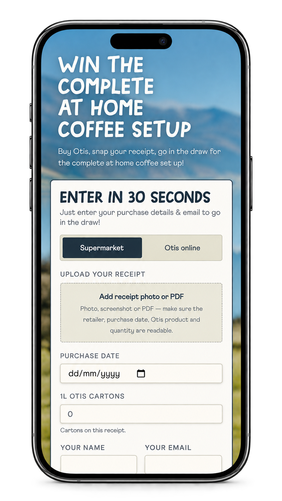 Otis Oat Milk: Receipt upload on a phone, where most entries happened.