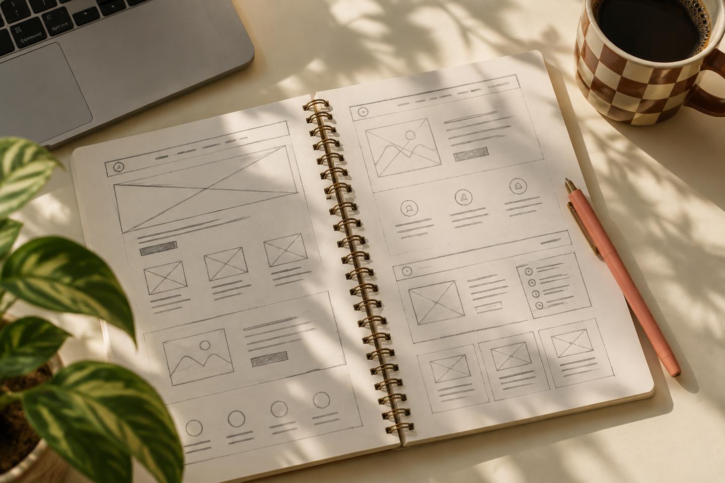 An open notebook with hand-drawn website sketches beside a coffee